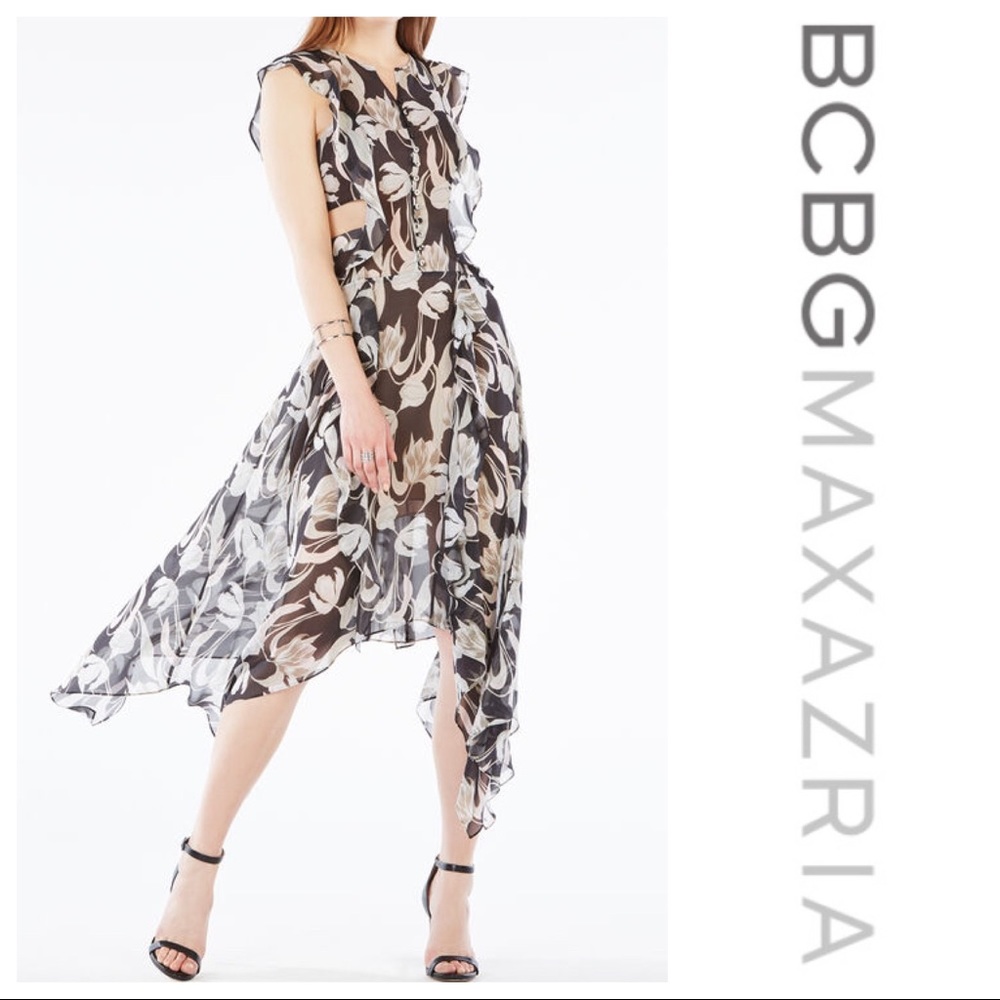 ⬇️ BCBG Jann Tulip Print Ruffle Cutout Silk Dress